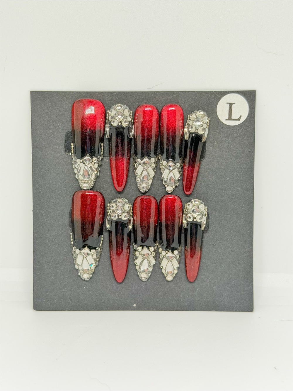 Red and Black Ombre Rhinestone Stiletto Press-On Nails